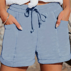 Women's Plus Solid Mid Waist Drawstring Comfy Shorts With Pockets