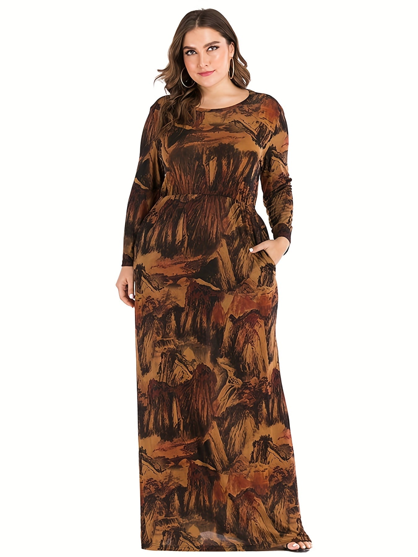 Allover Print Long Sleeve Maxi Dress With Pockets