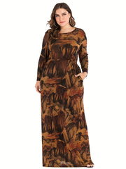 Allover Print Long Sleeve Maxi Dress With Pockets