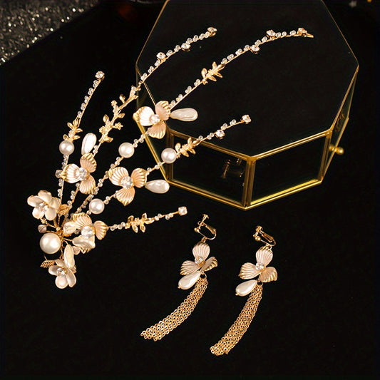 Faux Pearl Flower Head Piece With Earrings Set Wedding Hair Accessories