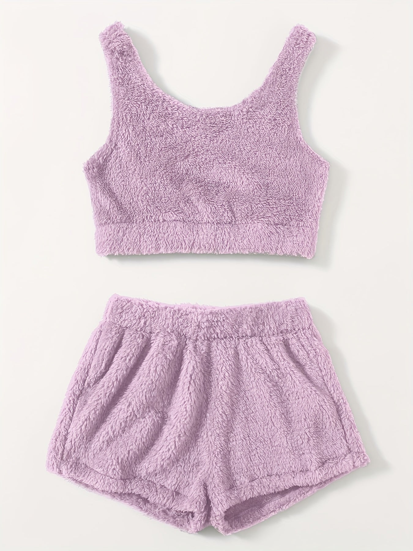 Furry Two piece Set Casual Crop Tank Top & Elastic Waist Shorts