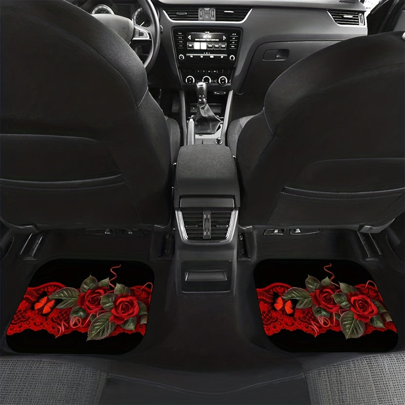 4pcs Rose Flowers Car Seat Cover Set, Front and Rear Seat Mat