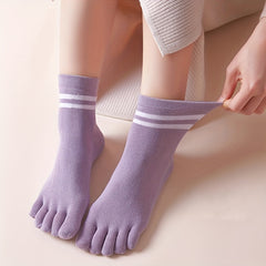 2 Pairs Striped Toe Socks Comfy & Warm Five Finger Women's Stockings
