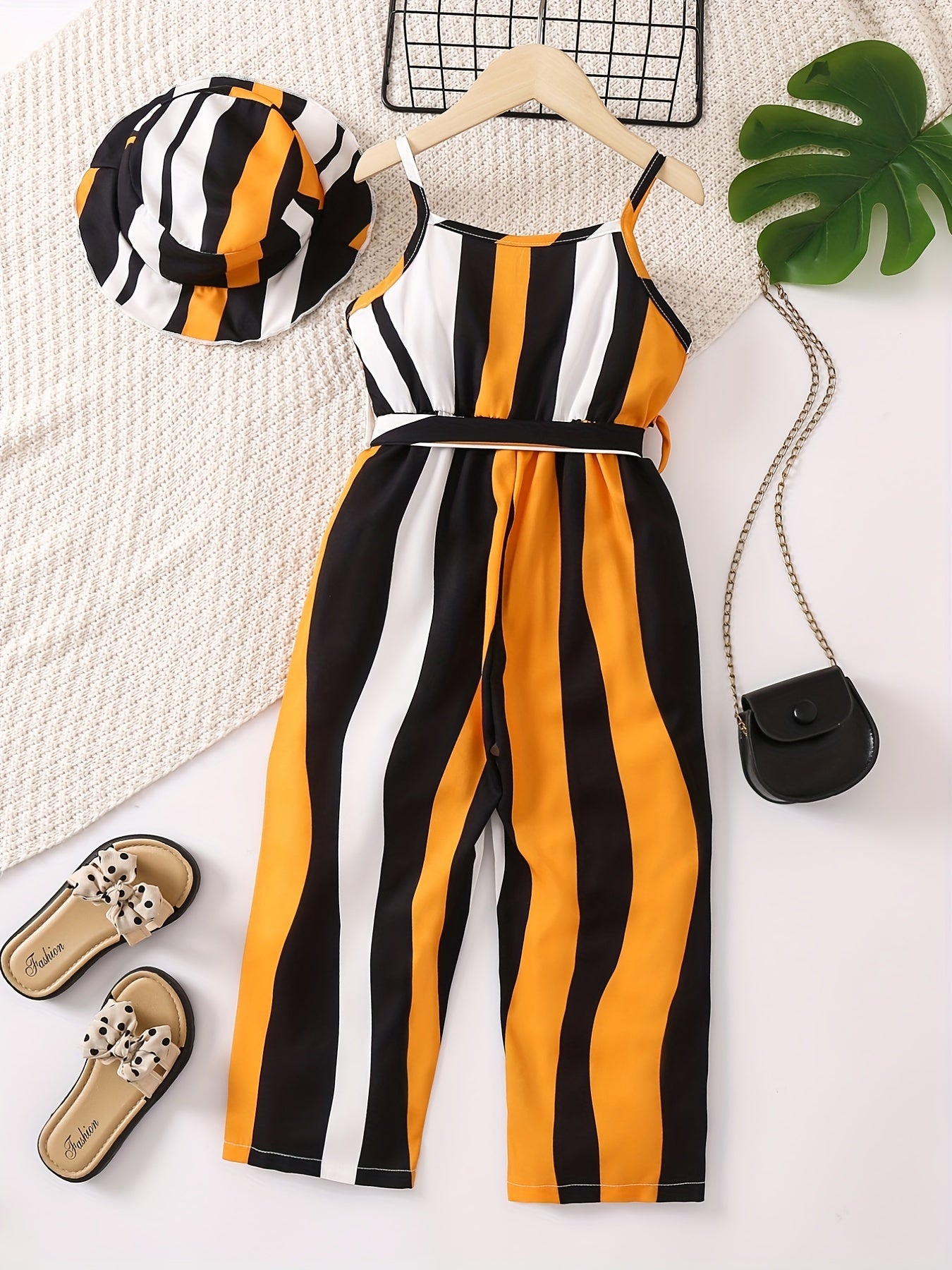 2pcs Toddler Girls Striped Belted Jumpsuit & Hat Set
