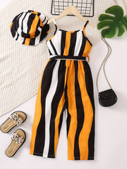 2pcs Toddler Girls Striped Belted Jumpsuit & Hat Set