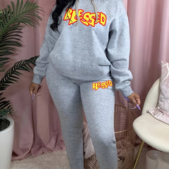 Women's Plus Flame Letter Print Hoodie & Sweatpants Set
