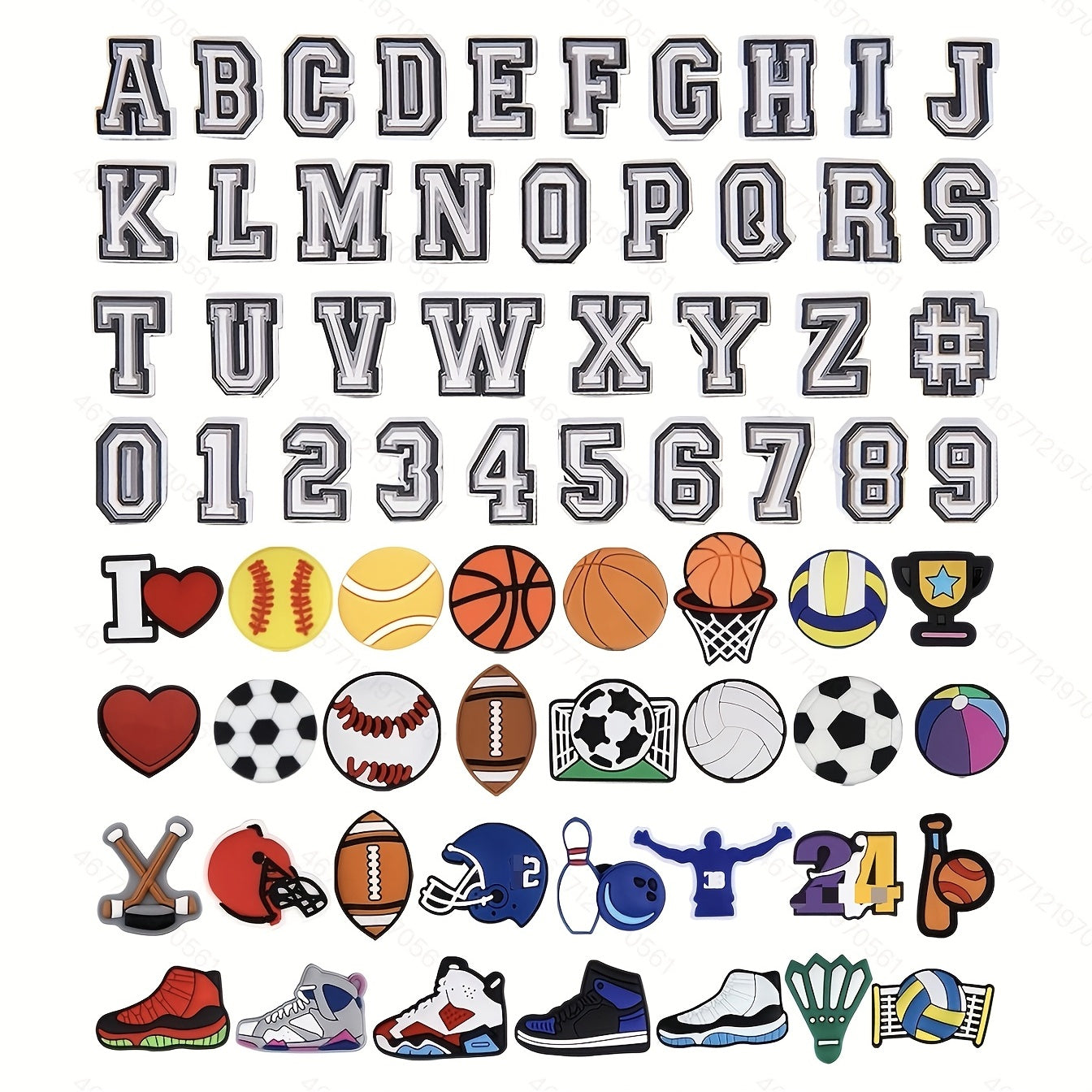 50Pcs Letters Numbers Sports Charms Clog Shoe Decoration Boys Kids Teens Adults