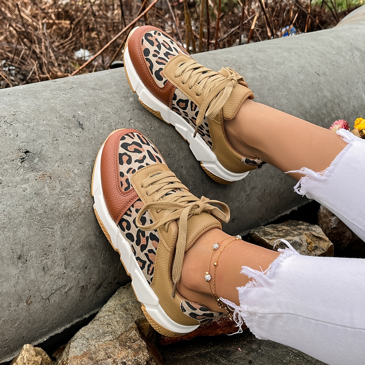 Leopard Print Colorblock Sneakers Lace Up Round Toe Low Top Shoes