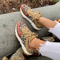 Leopard Print Colorblock Sneakers Lace Up Round Toe Low Top Shoes