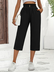 Buttoned Wide Leg Elastic Waist Pants Solid Color