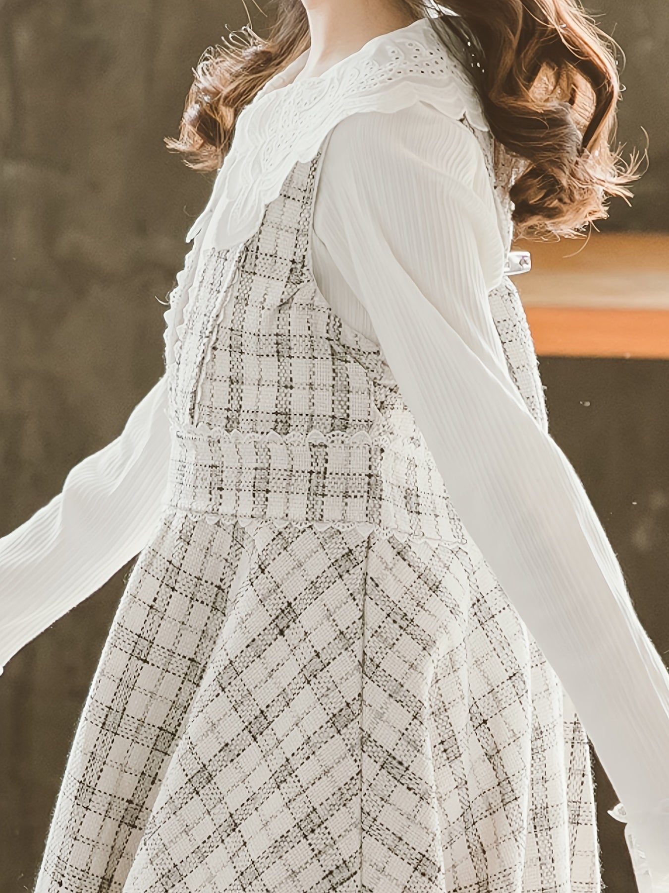 Girls Lace Trim LS Shirt & Plaid V neck Skirt Overall Dress Set