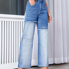 Frayed Patchwork Wide Leg Jeans High Rise Vintage Retro Loose Denim Pants