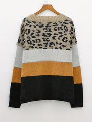 Colorblock Leopard Print V Neck Sweater