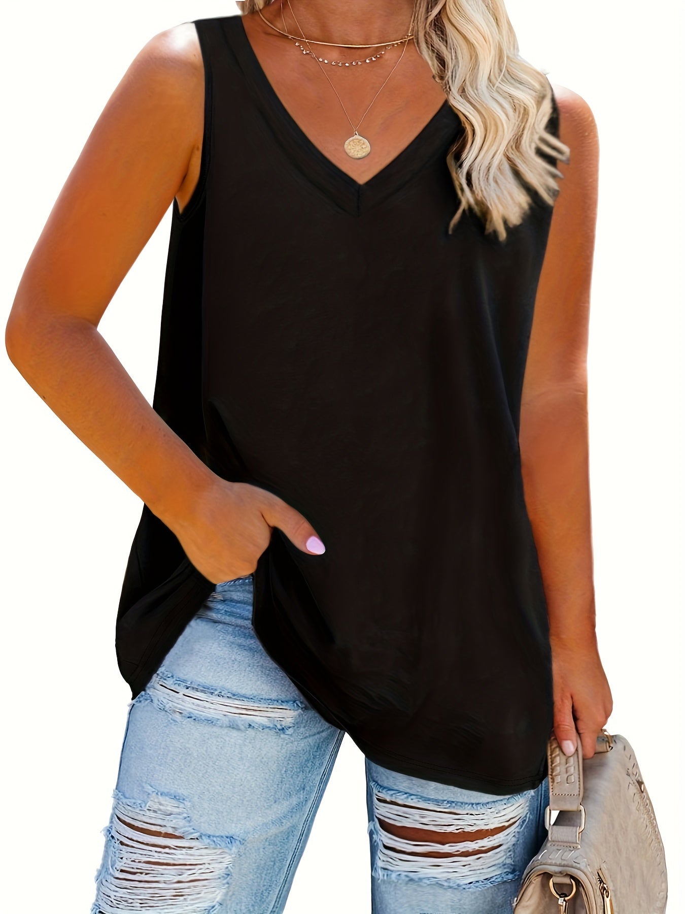 Basic Tank Top Women's Plus Solid Stretch V Neck Sleeveless Tank