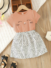 Toddler Girl's Kitty Print Tee & Dots Skirt Set