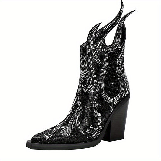 Women's Rhinestone Flame Ankle Boots Chunky Heel Glitter Shoes
