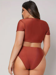 Modest Bikini Set Solid Short Sleeve Tie Front Swimsuit 2 Piece