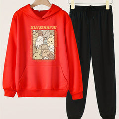 Girls Bunny Print Hoodie & Sweatpants Set for Spring/Autumn