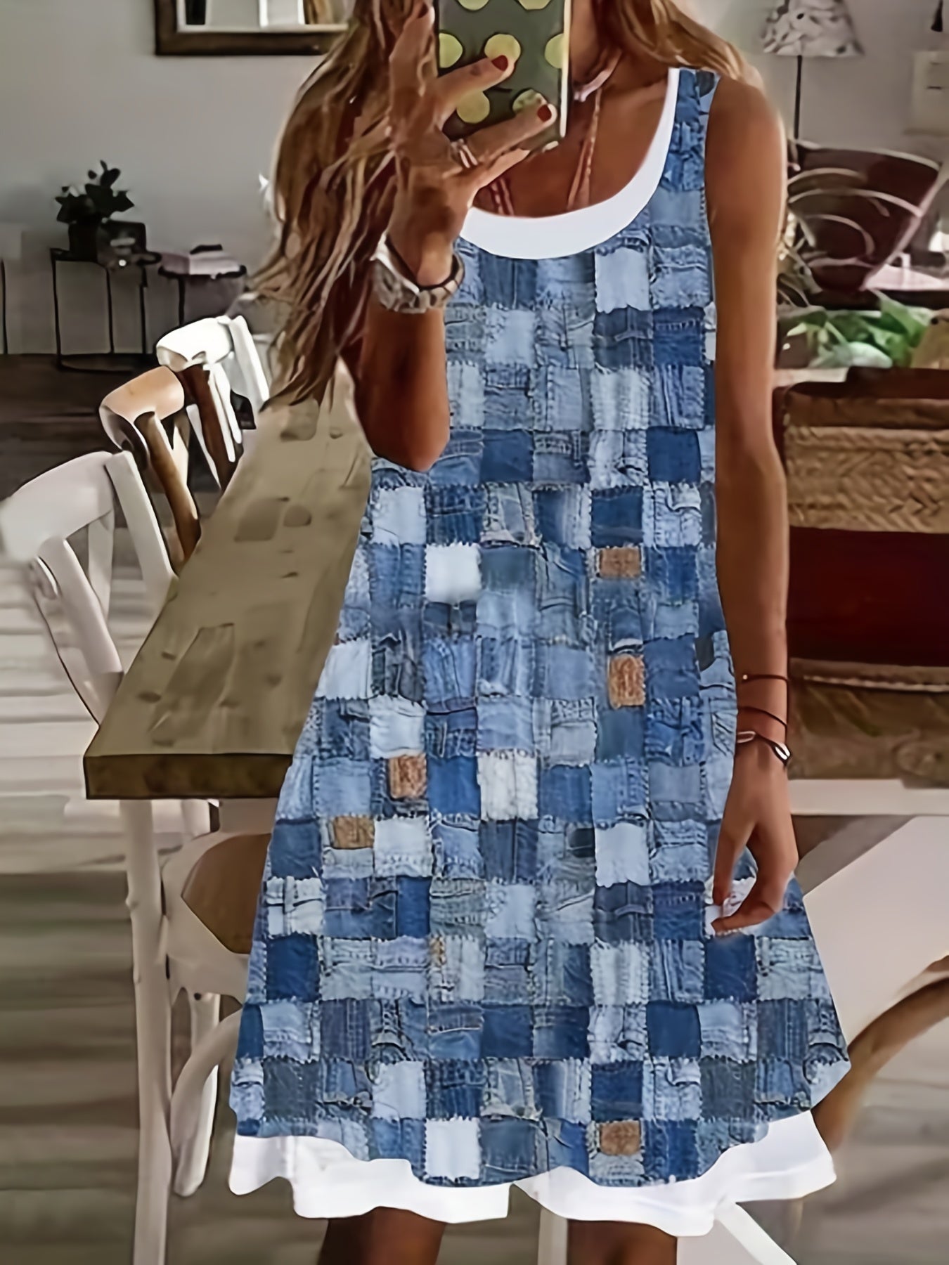 Women's Plus Colorblock Denim Print Round Neck Tank Dress
