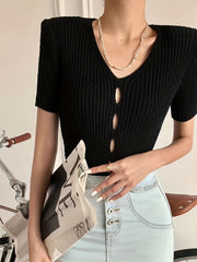 Cut Out Knitted Top Short Sleeve Sweater Women's Clothing