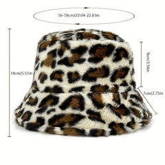 Leopard Print Faux Fur Bucket Hat Winter Warmer Cap