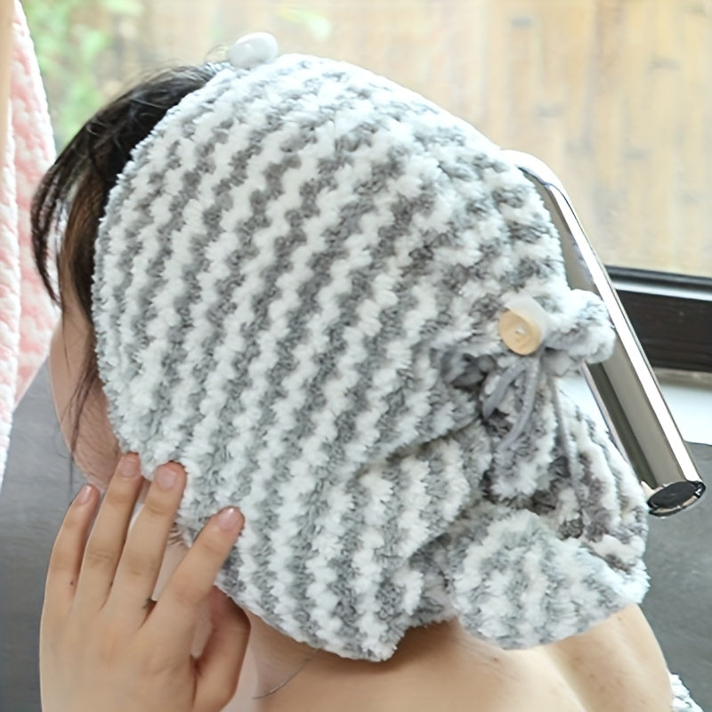Striped Hair Drying Cap Coral Fleece Thickened Hair Towel Women's Quick-Drying