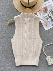 Solid Color Tie Front Vest Sleeveless Crew Neck