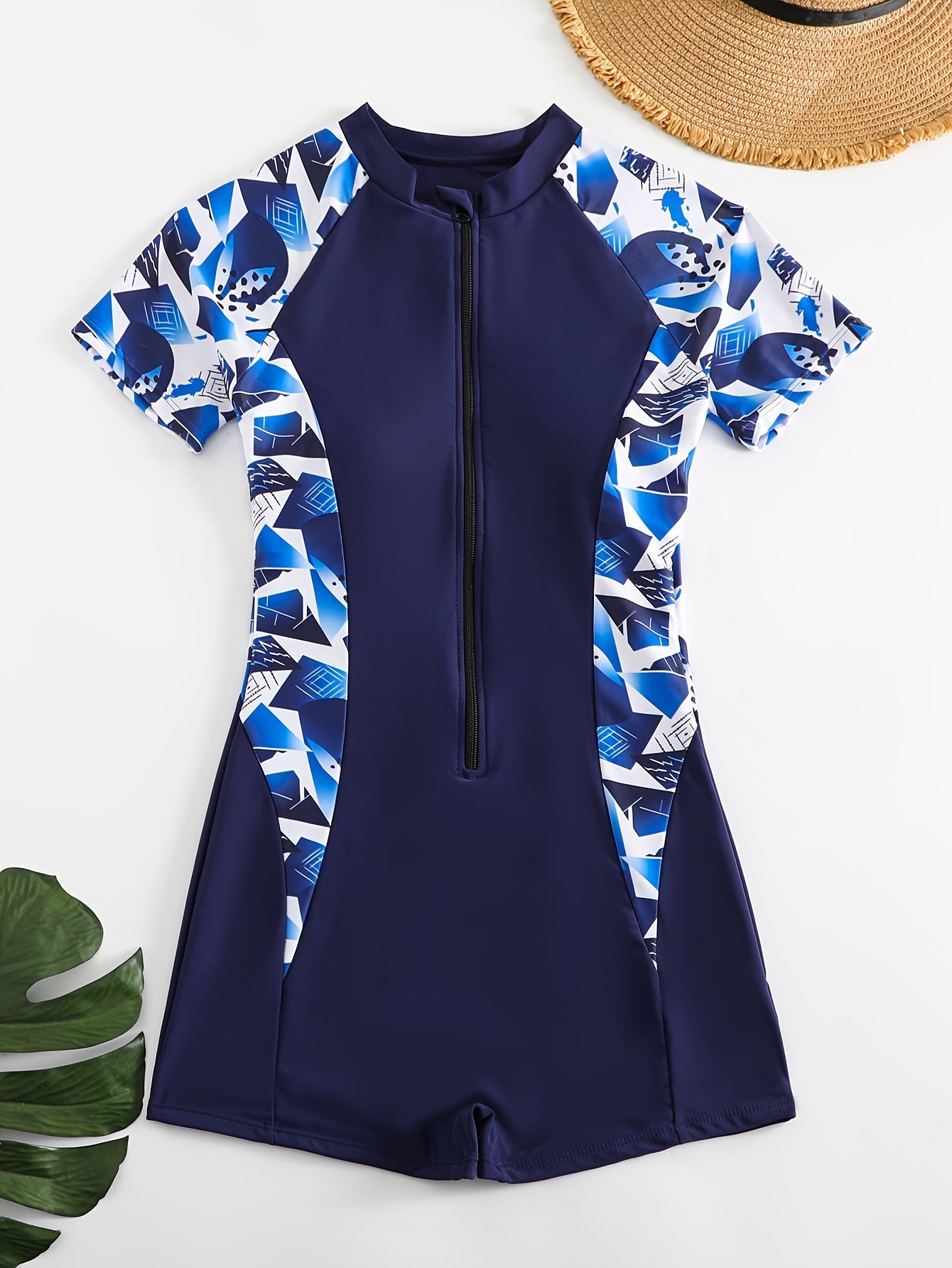 Short Sleeve Round Neck Swimsuit Half Zipper Surfing Water Sports Bathing Suit