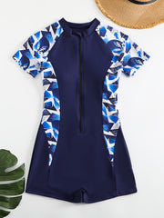 Short Sleeve Round Neck Swimsuit Half Zipper Surfing Water Sports Bathing Suit