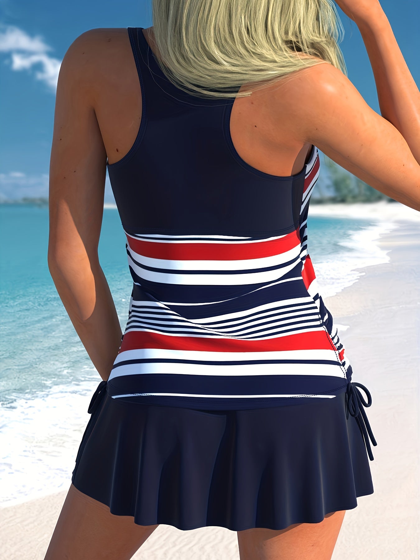 Preppy Tankini Set Stripe Print Lace Up Racer Back Top & Mini Skirt