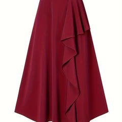 Solid Ruffle Trim Elastic Waist A line Skirt