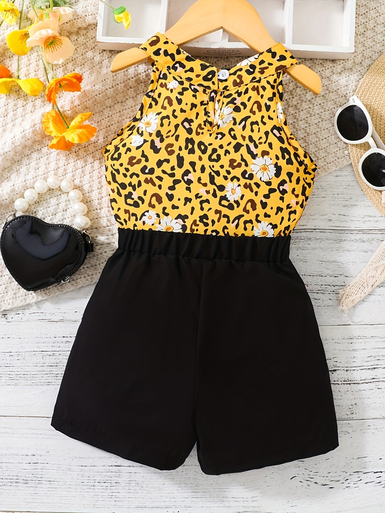 2pcs Toddler Girls Cow Graphic Halter Top & Double Breasted Shorts Set