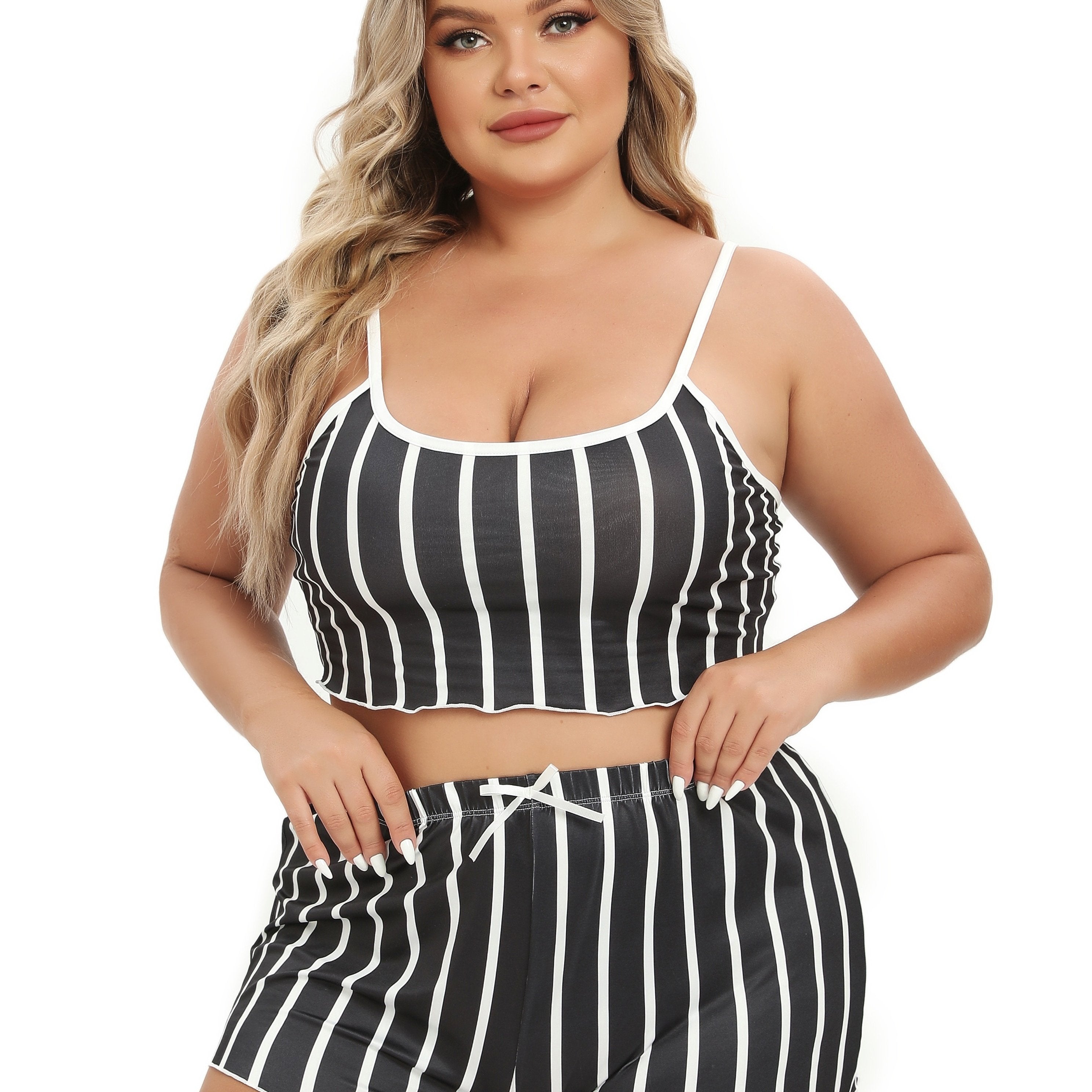 Stripe Print Crop Cami Top & Shorts Pajama Set