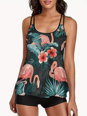 Vacay Tankini Set Tropical Print Round Neck Cami Top & Shorts Swimsuit