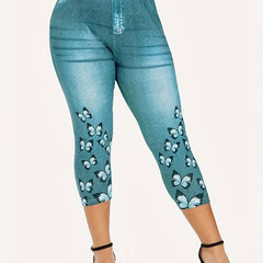 Denim & Butterfly Print Capris Leggings for Women