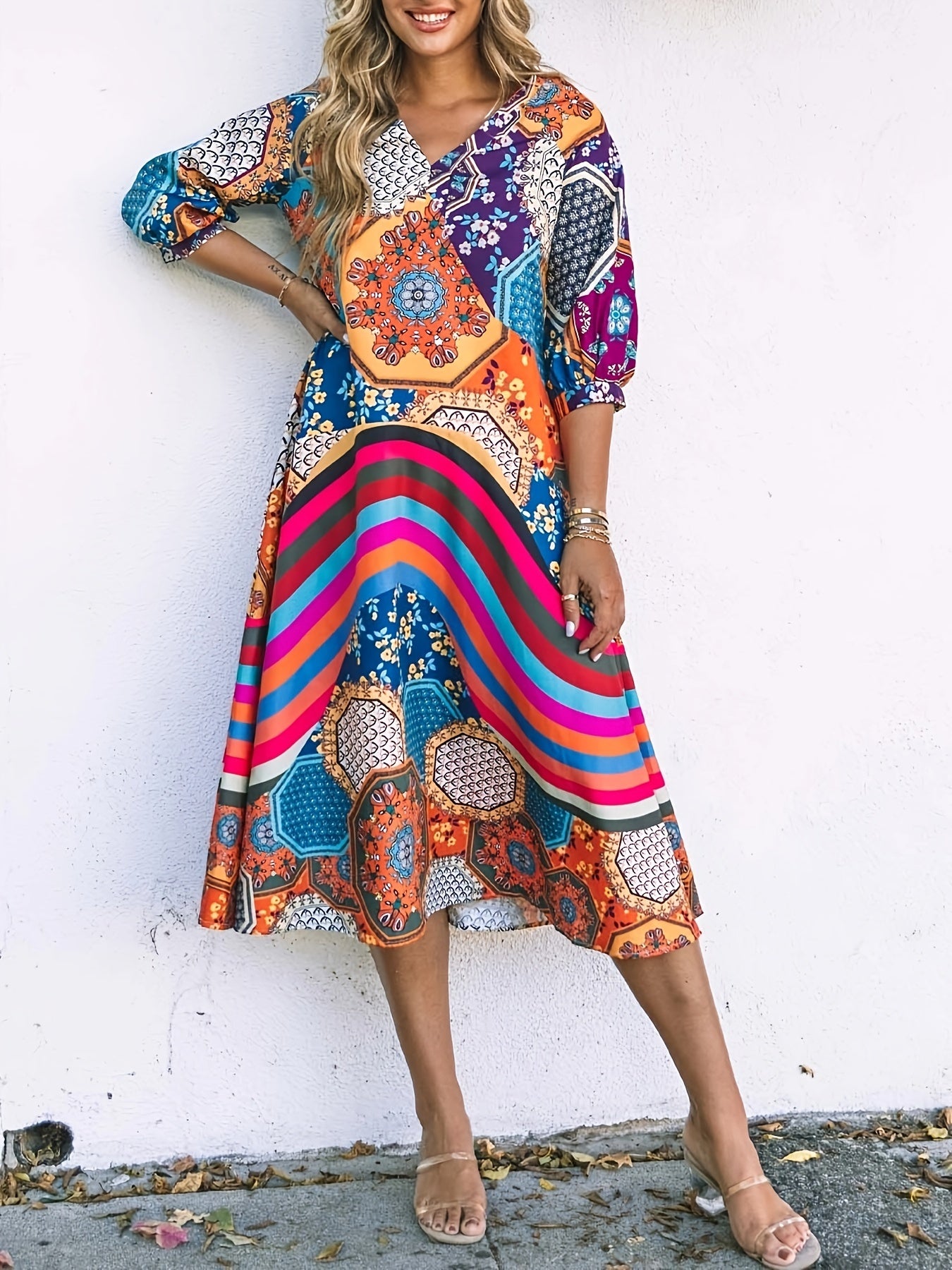 Boho Dress Women's Plus Geo Print Half Sleeve V Neck Stretch Dress