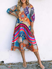 Boho Dress Women's Plus Geo Print Half Sleeve V Neck Stretch Dress