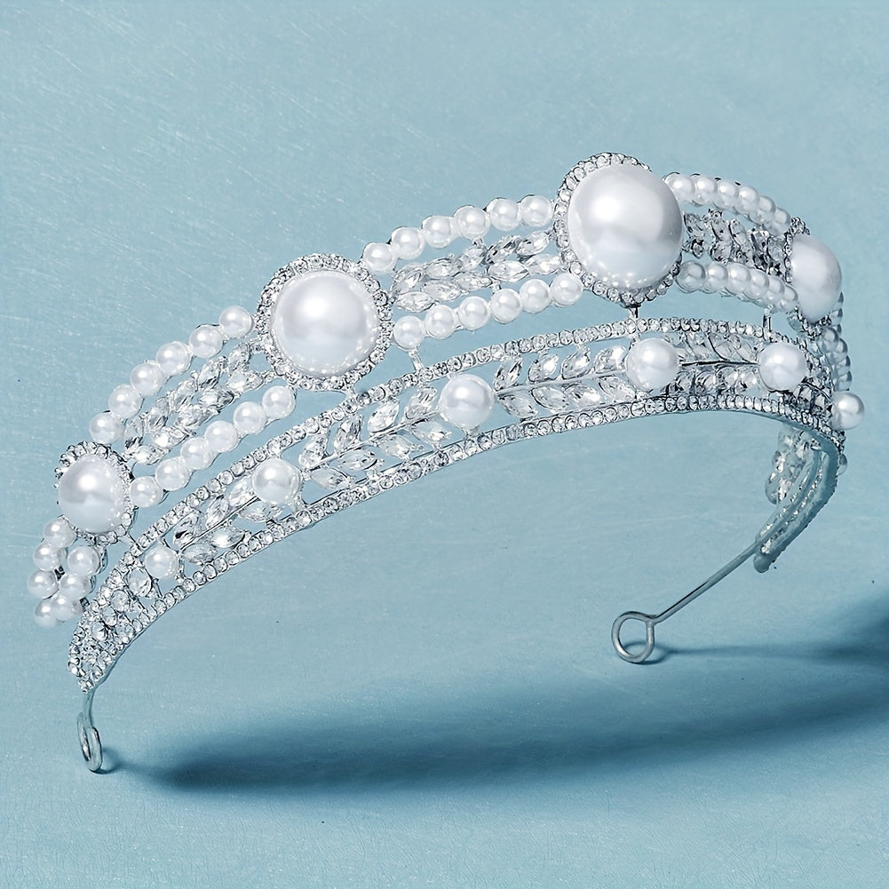 Crown Charm Hair Band Rhinestone & Pearl Headband for Bridal Wedding