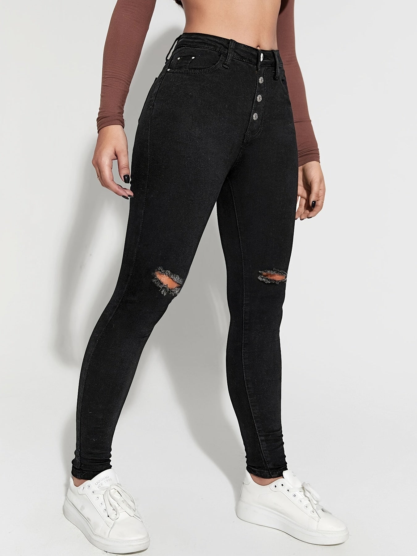 Slim Fit Distressed High Rise Jeans Button High Waist Denim Pants