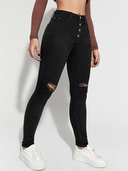 Slim Fit Distressed High Rise Jeans Button High Waist Denim Pants