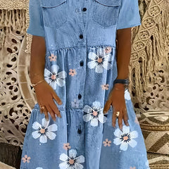 Floral & Denim Print Short Sleeve Button Front Smock Dress