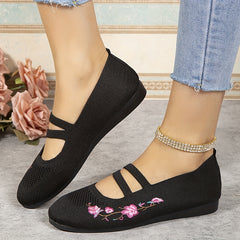 Women's Breathable Knit Flat Shoes Casual Slip On Embroidered Shoes