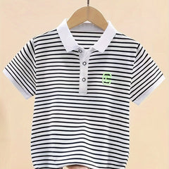 Boys Striped Lapel T-shirt Short Sleeve Summer Top