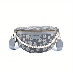 Floral Fanny Pack Women Faux Pearl Chain Chest Purse Wide Strap Crossbody Bag