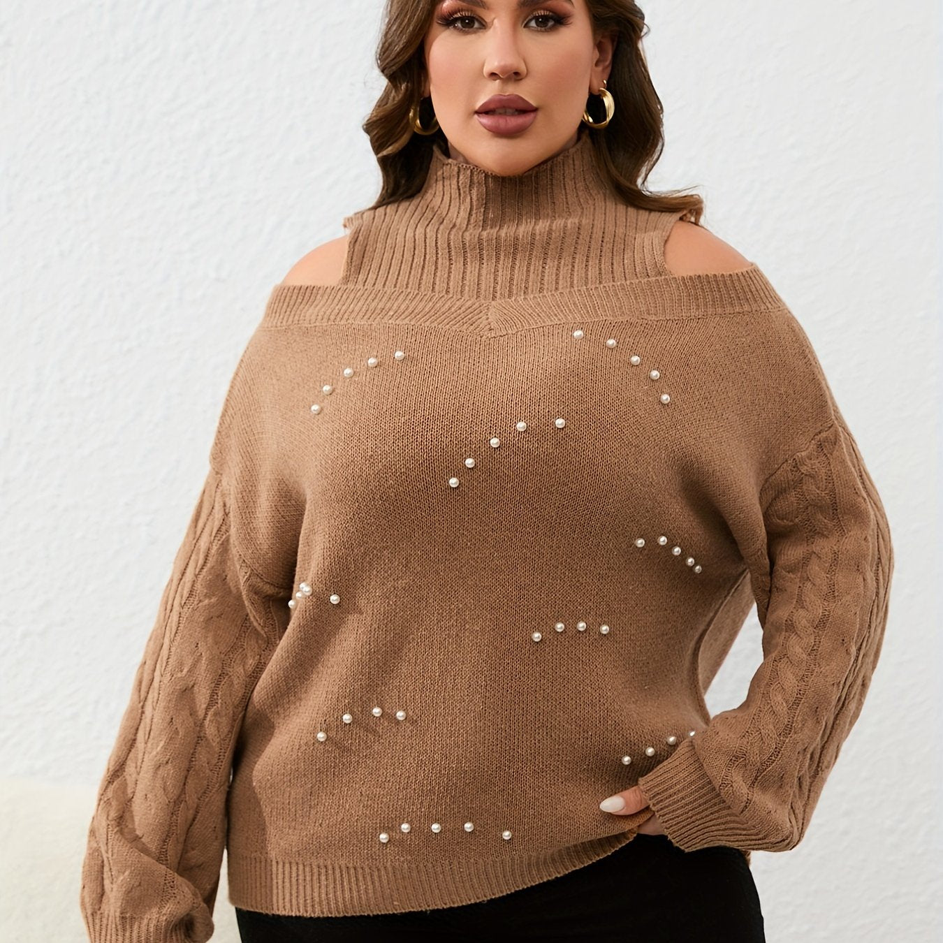 Women's Cold Shoulder Knit Top with Faux Pearl Decoration