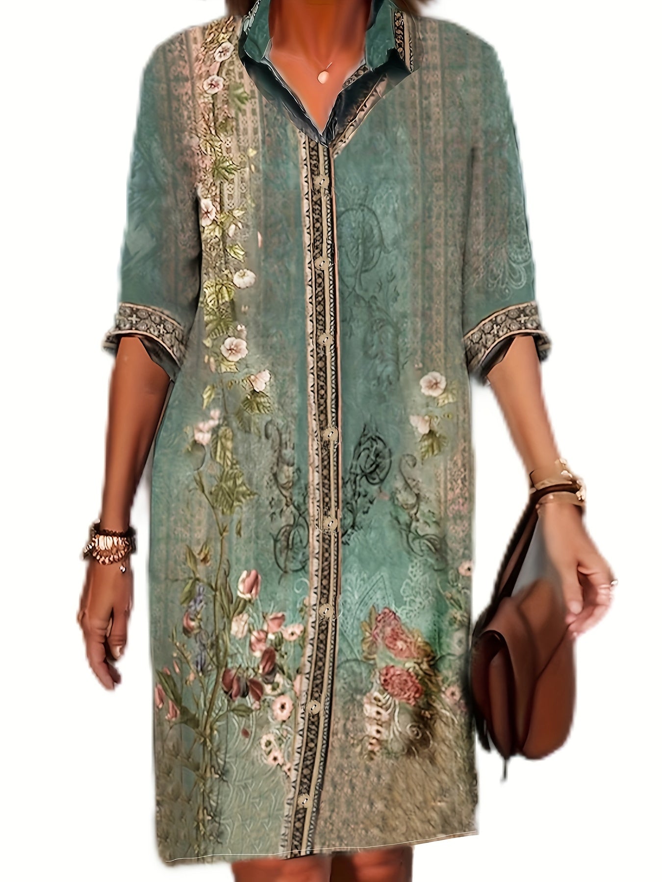 Floral Geometric Print Long Sleeve Shirt Dress