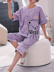 Cartoon Bear Print Pajamas Set Short Sleeve Crew Neck Top & Crop Pants