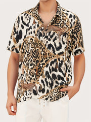 Men's Leopard Print Camp Collar Bowling Shirt Short Sleejsons Disco Closure