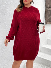 Solid Lantern Sleeve Round Neck Midi Sweater Dress Plus Size