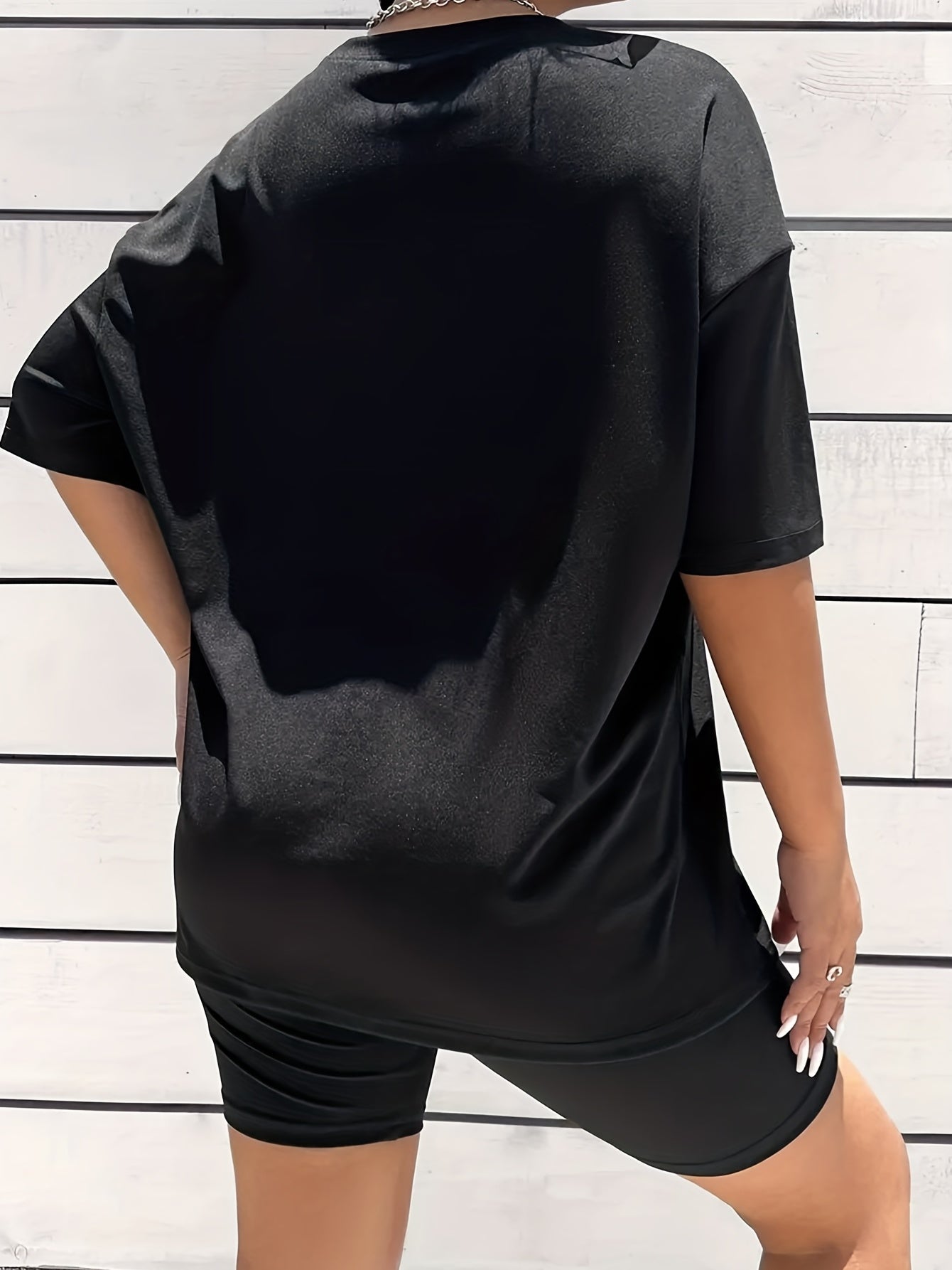 Letter Print Matching 2 Pc Set Short Sleeve T shirt & Skinny Shorts